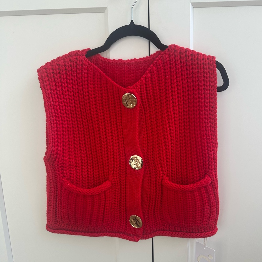 Commense Red Sweater Vest Gold Buttons